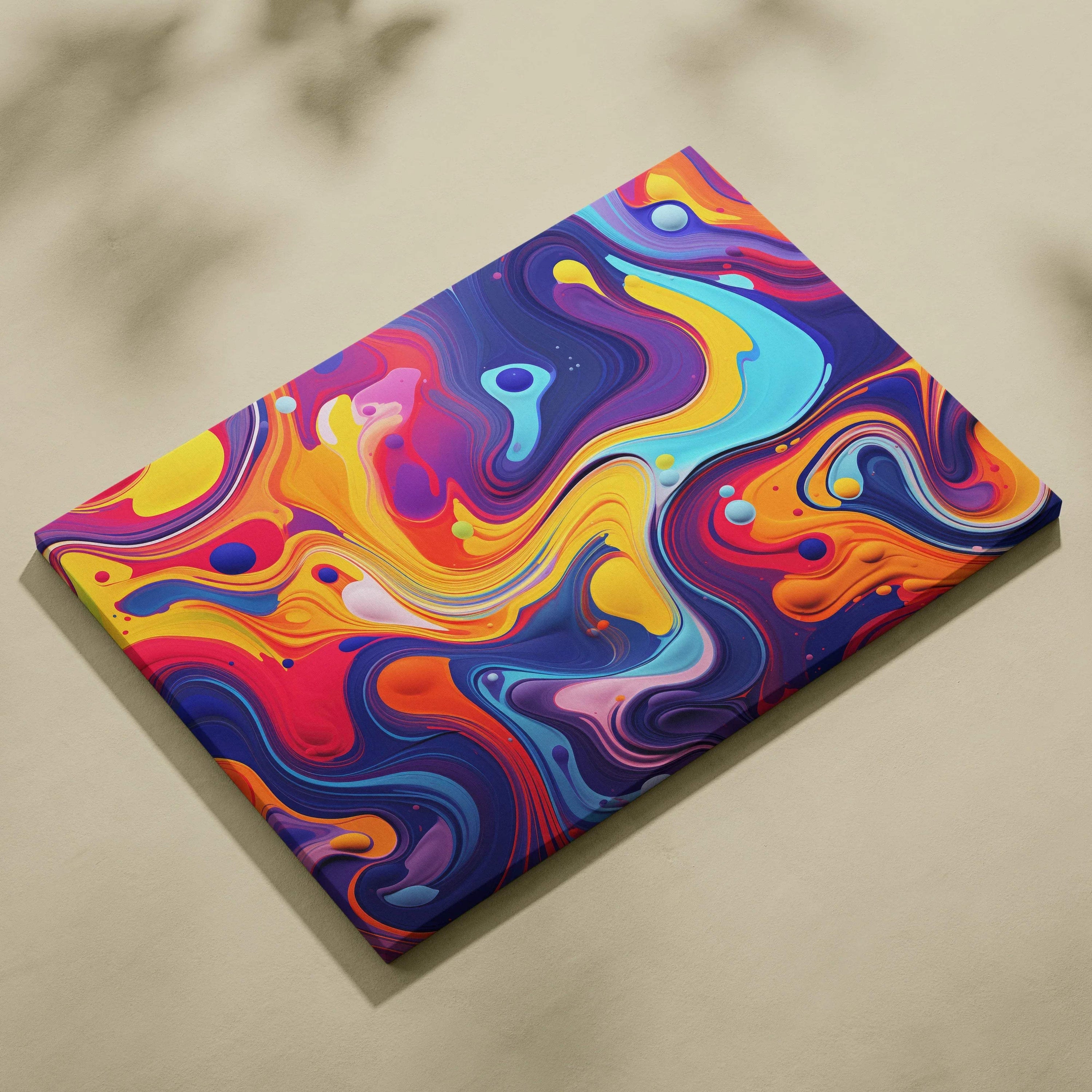 Abstract digital canvas wall art with vibrant swirling colors in blue, yellow, red, and orange.