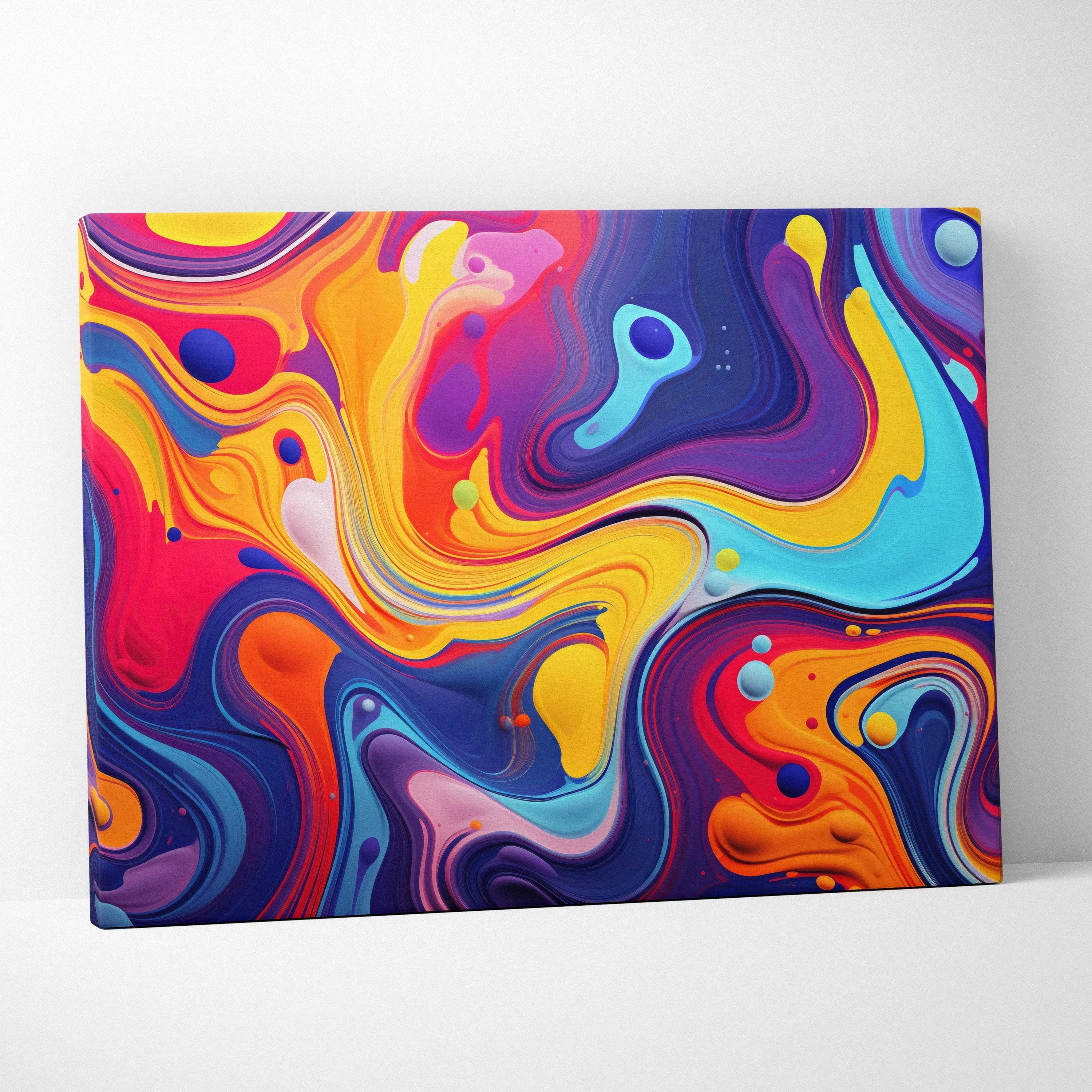 Abstract digital canvas art with swirling vibrant colors in red, orange, yellow, blue, and purple tones on wall art canvas.
