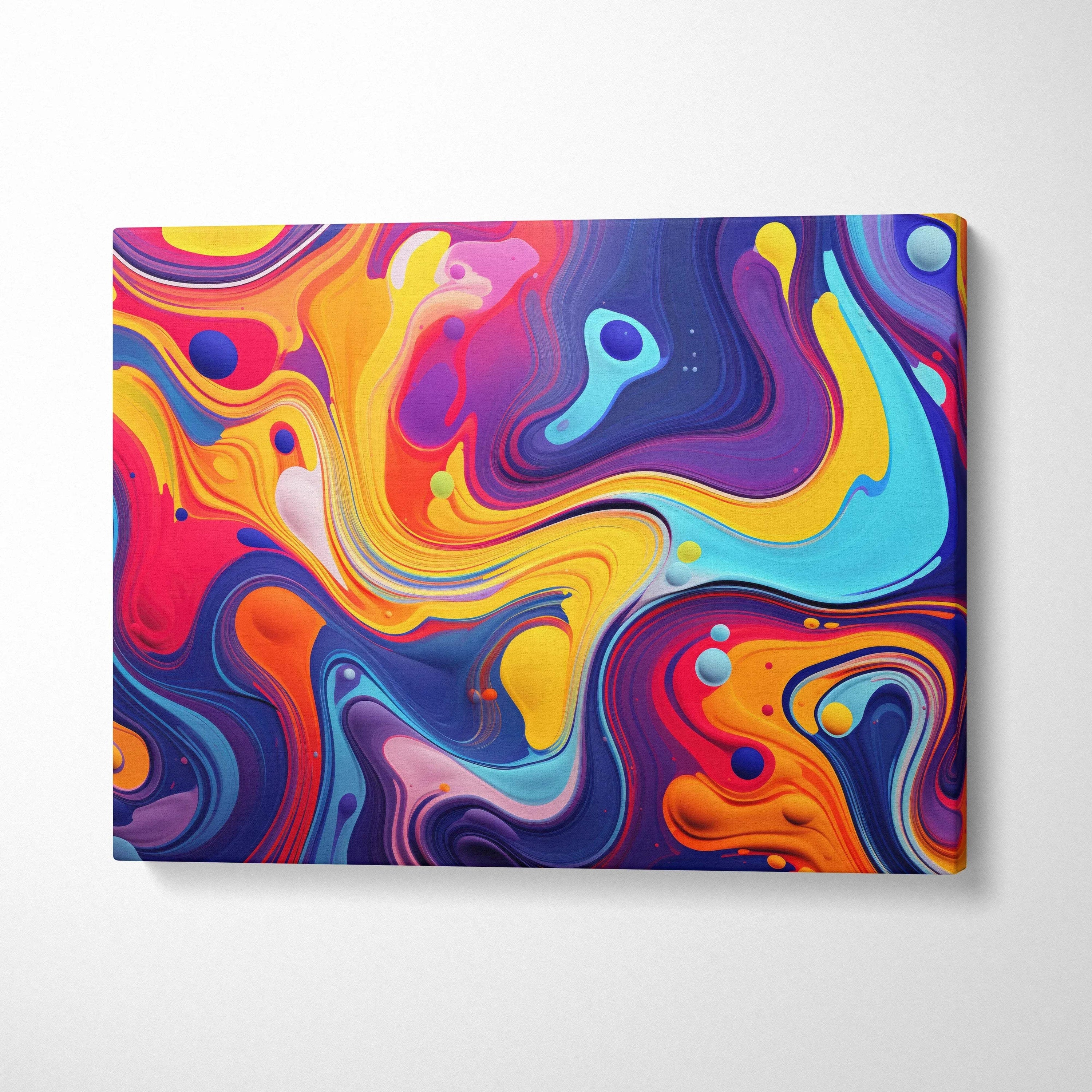 Abstract colorful swirl design in vibrant red, yellow, blue, and purple on canvas wall art.