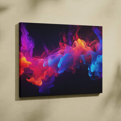 Abstract canvas art with swirling vibrant colors in purple, red, orange, and blue on a black background.