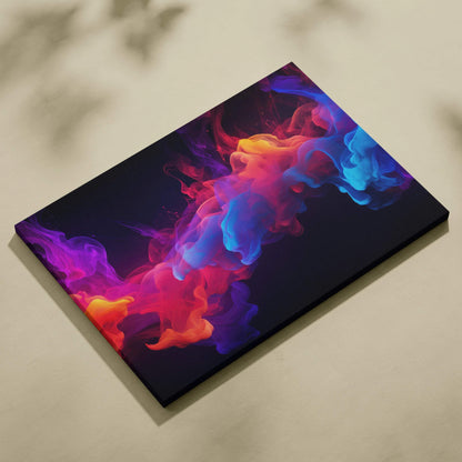 Abstract canvas art with vibrant swirling colors in purple, red, orange, and blue on deep black background.