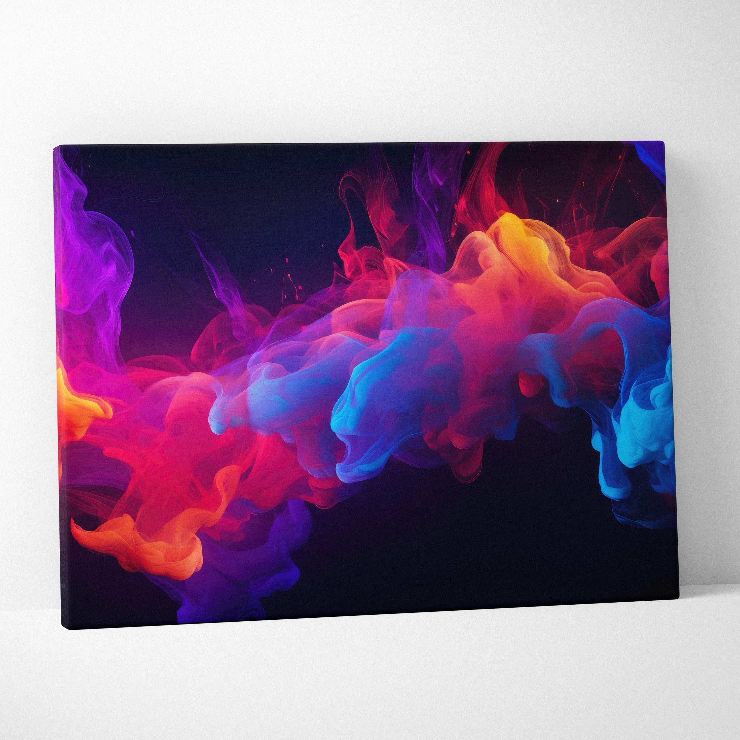 Abstract canvas wall art with vivid swirling blue, purple, red, and orange digital smoke patterns on black background.