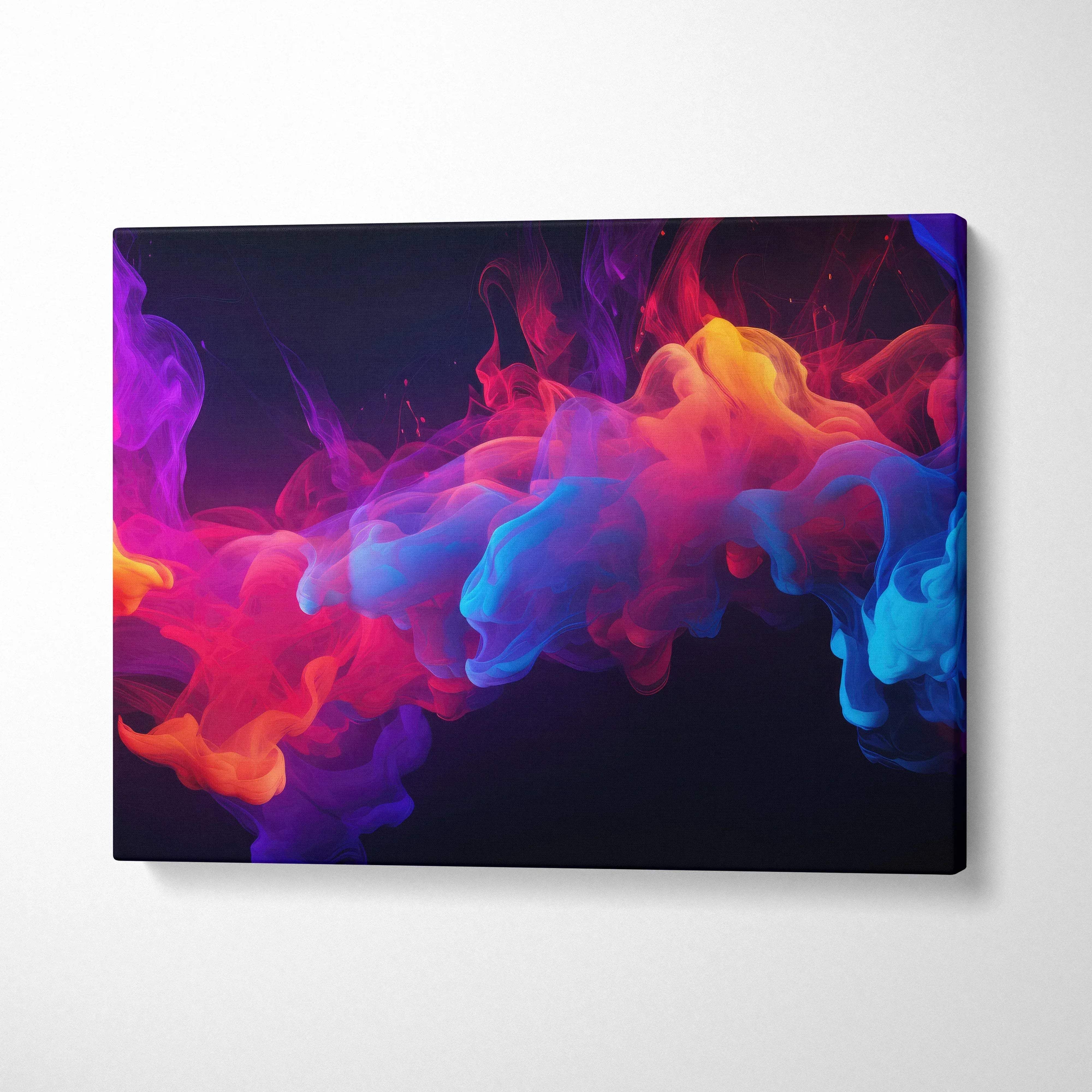 Abstract colorful smoke design in vibrant blue, pink, and orange on black canvas wall art.