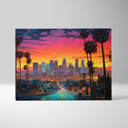 Modern abstract canvas art featuring Los Angeles skyline at sunset with vibrant orange, pink, and purple hues and.