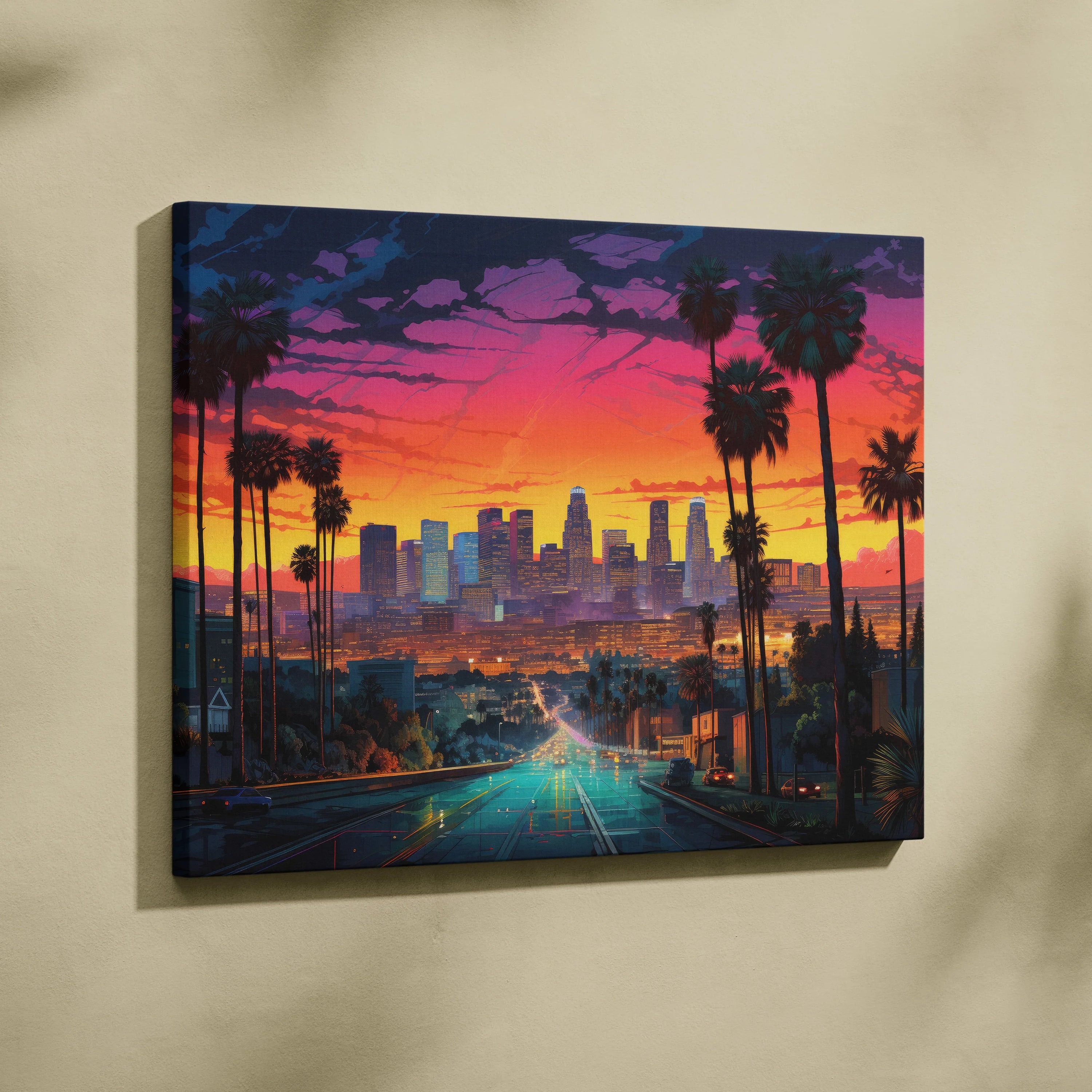 Canvas wall art featuring an abstract digital Los Angeles skyline at sunset with vibrant pink, orange, and purple hues and.