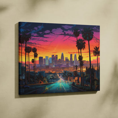 Canvas wall art featuring an abstract digital Los Angeles skyline at sunset with vibrant pink, orange, and purple hues and.
