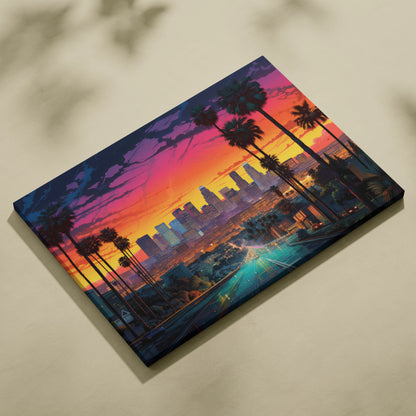 Vibrant canvas art of Los Angeles skyline at sunset with silhouetted palm trees and glowing city lights.
