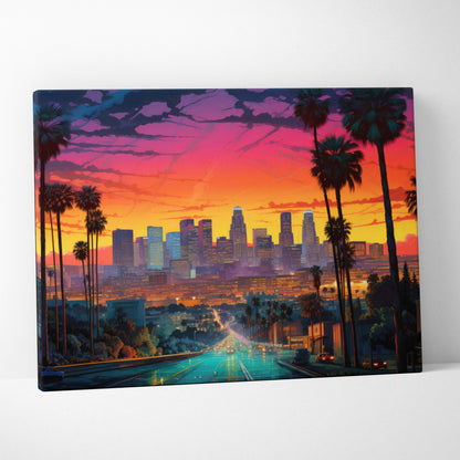 Abstract canvas art of Los Angeles skyline at sunset with vibrant orange and purple hues and silhouetted palm trees.