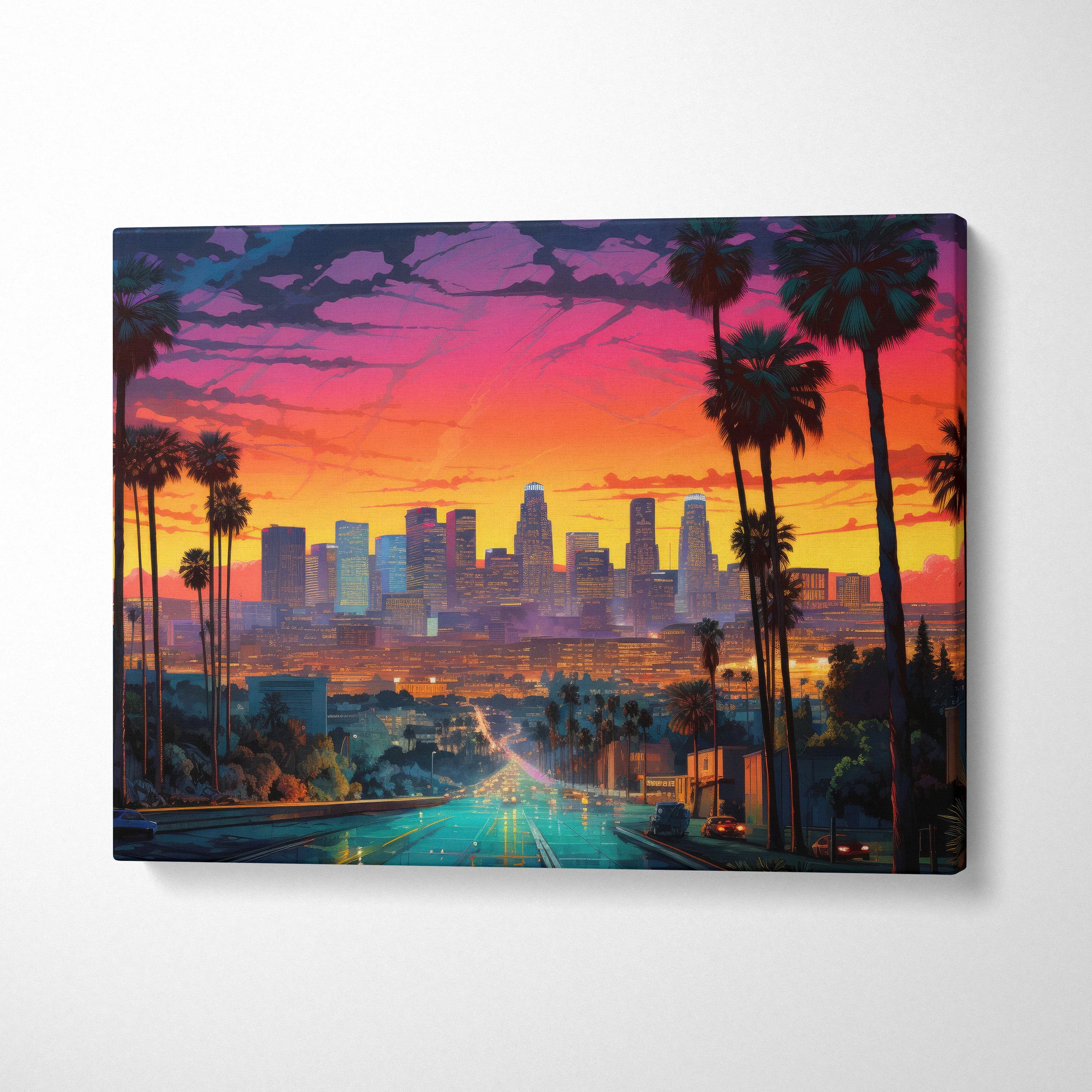 Modern abstract canvas art of Los Angeles skyline at sunset with palm trees and vibrant colors wall art.