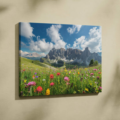 Floral meadow and mountain landscape canvas wall art with vibrant blue sky decor.