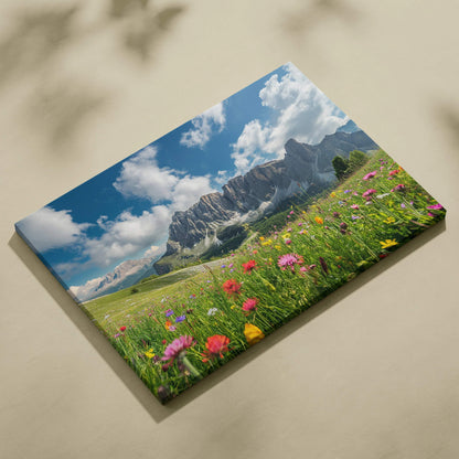Canvas wall art featuring vibrant wildflowers in a meadow with towering mountain peaks and blue sky decor.