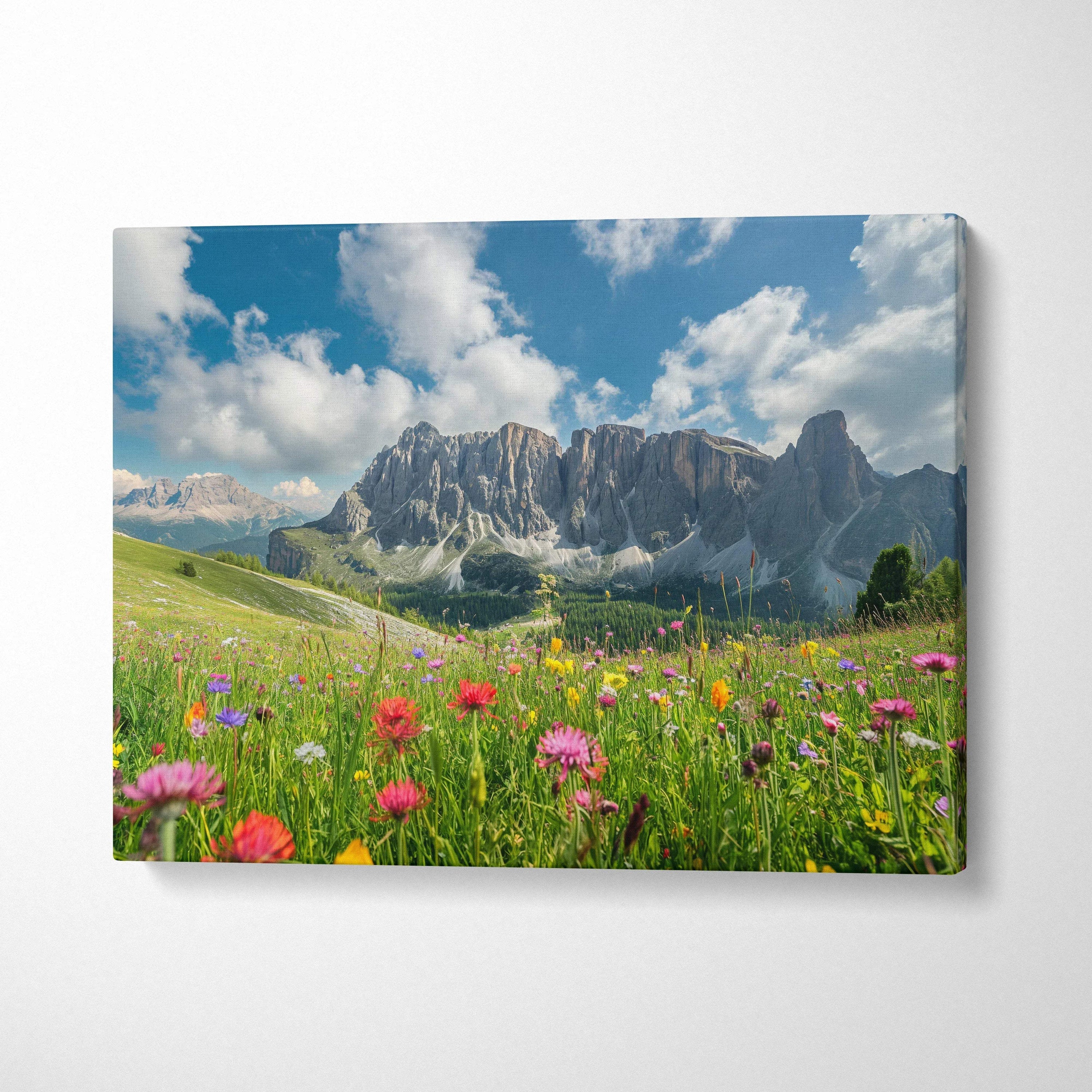 Floral meadow and mountain landscape canvas wall art with vibrant wildflowers and blue sky decor.