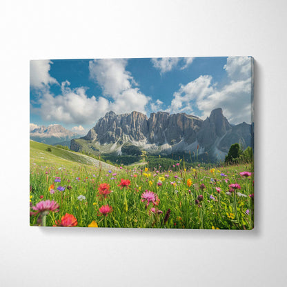 Floral meadow and mountain landscape canvas wall art with vibrant wildflowers and blue sky decor.