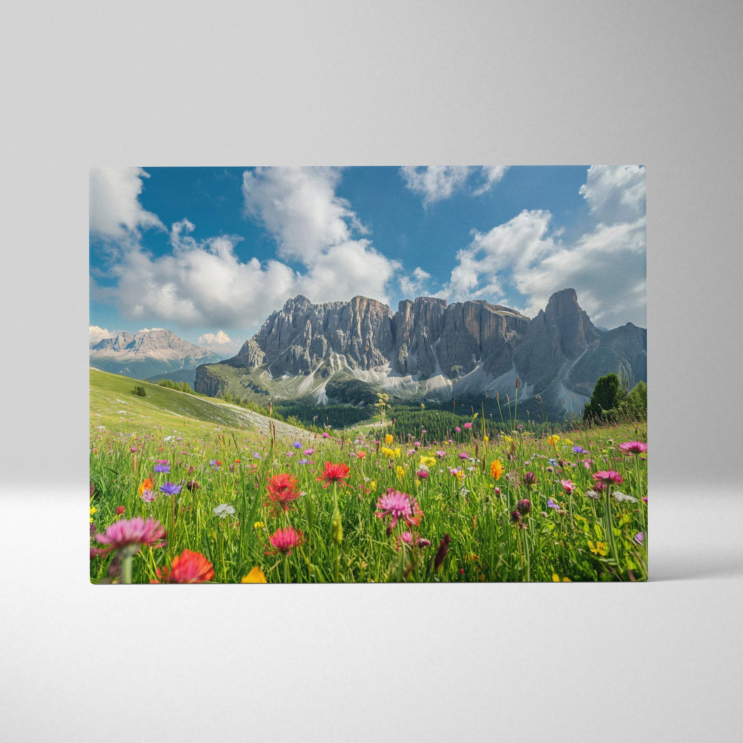 Floral meadow with colorful wildflowers and rugged mountain range under bright blue sky canvas wall art decor.