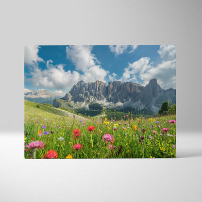 Floral meadow with colorful wildflowers and rugged mountain range under bright blue sky canvas wall art decor.