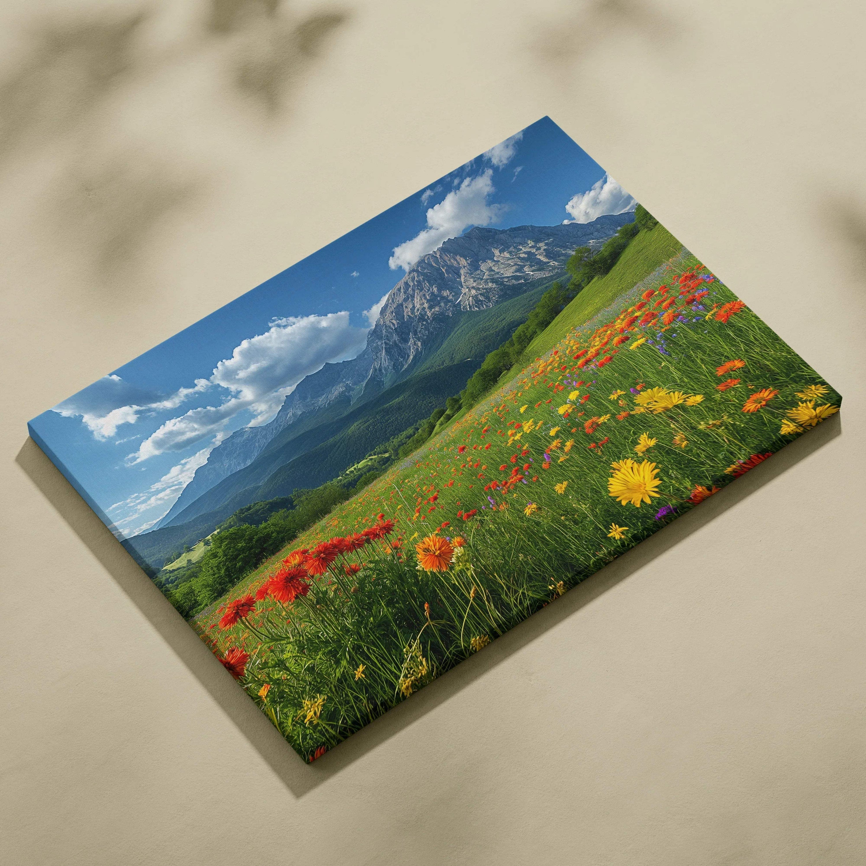 Floral mountain landscape canvas wall art with vibrant wildflowers and blue sky decor.