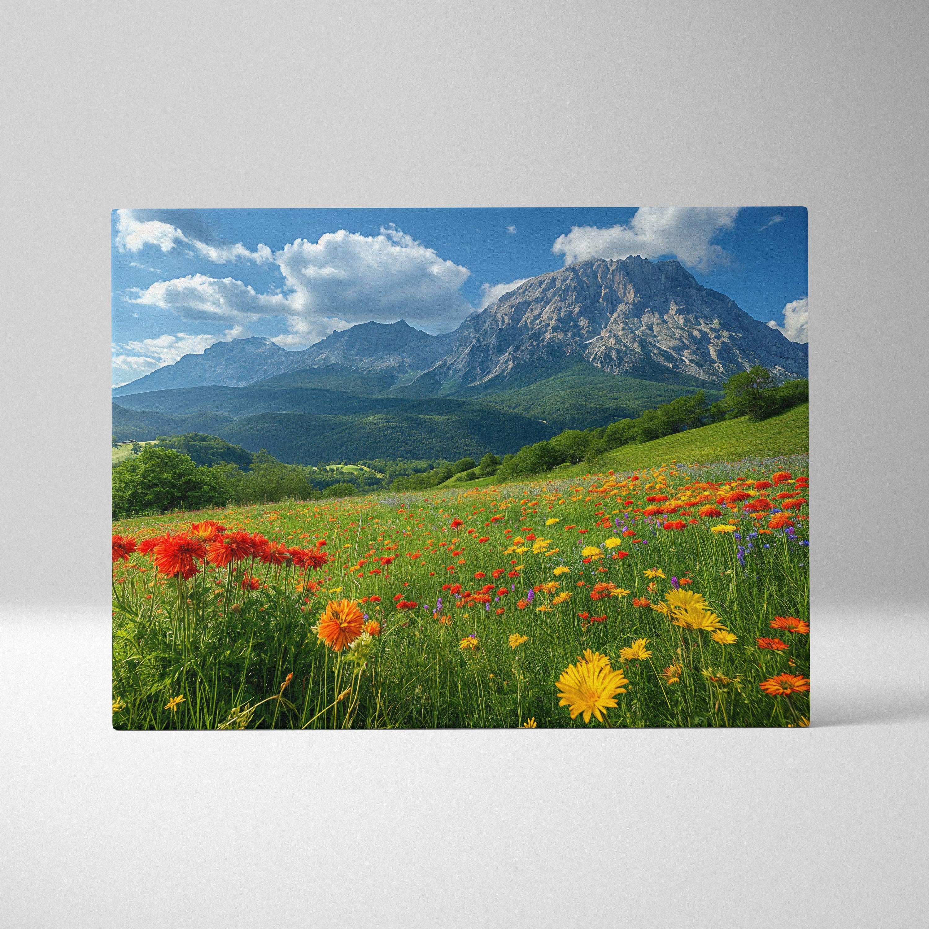 Floral meadow with vibrant orange and yellow flowers against mountain and blue sky canvas wall art decor.