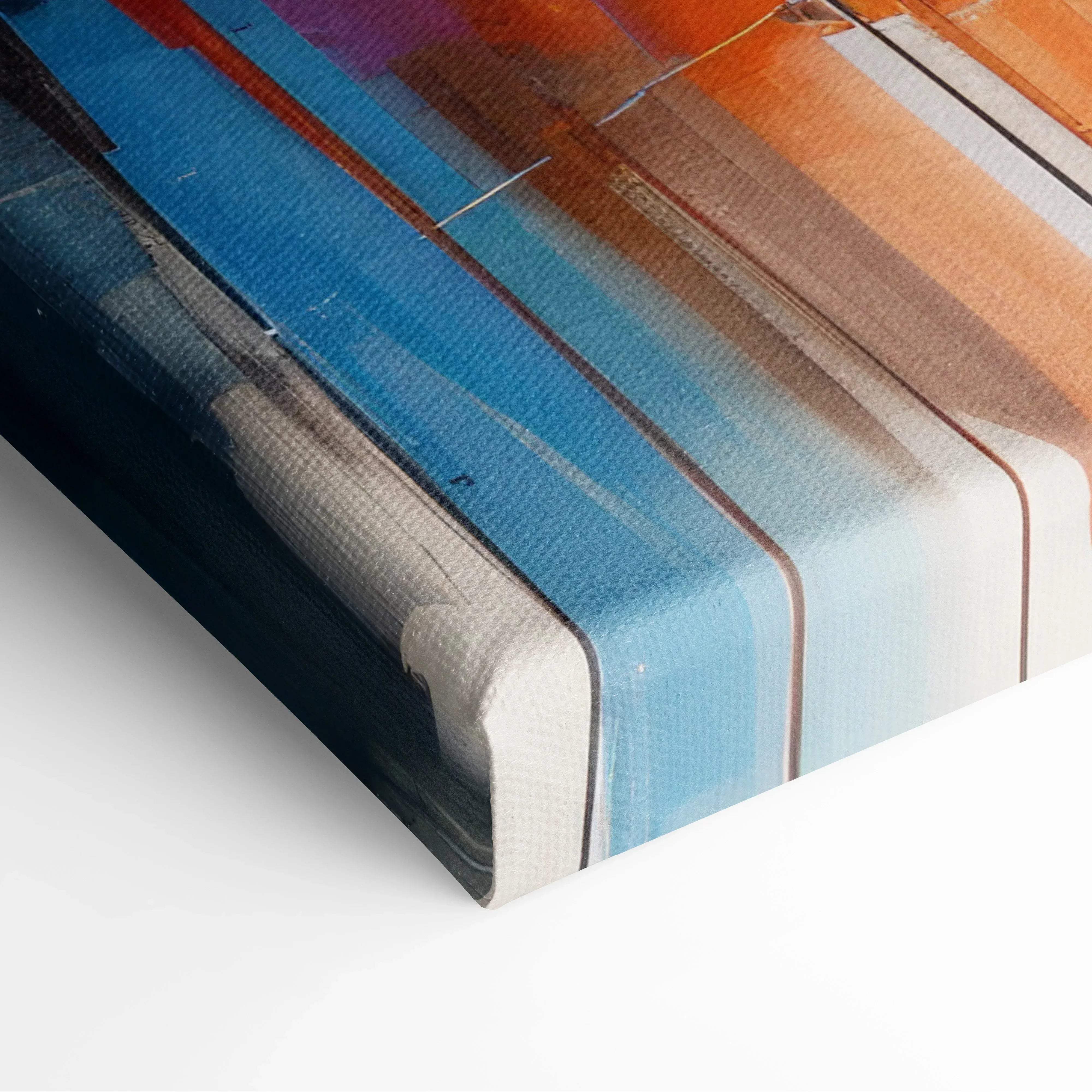 Abstract new york city skyline canvas wall art with bold blue orange and white stripes and textured brushstrokes