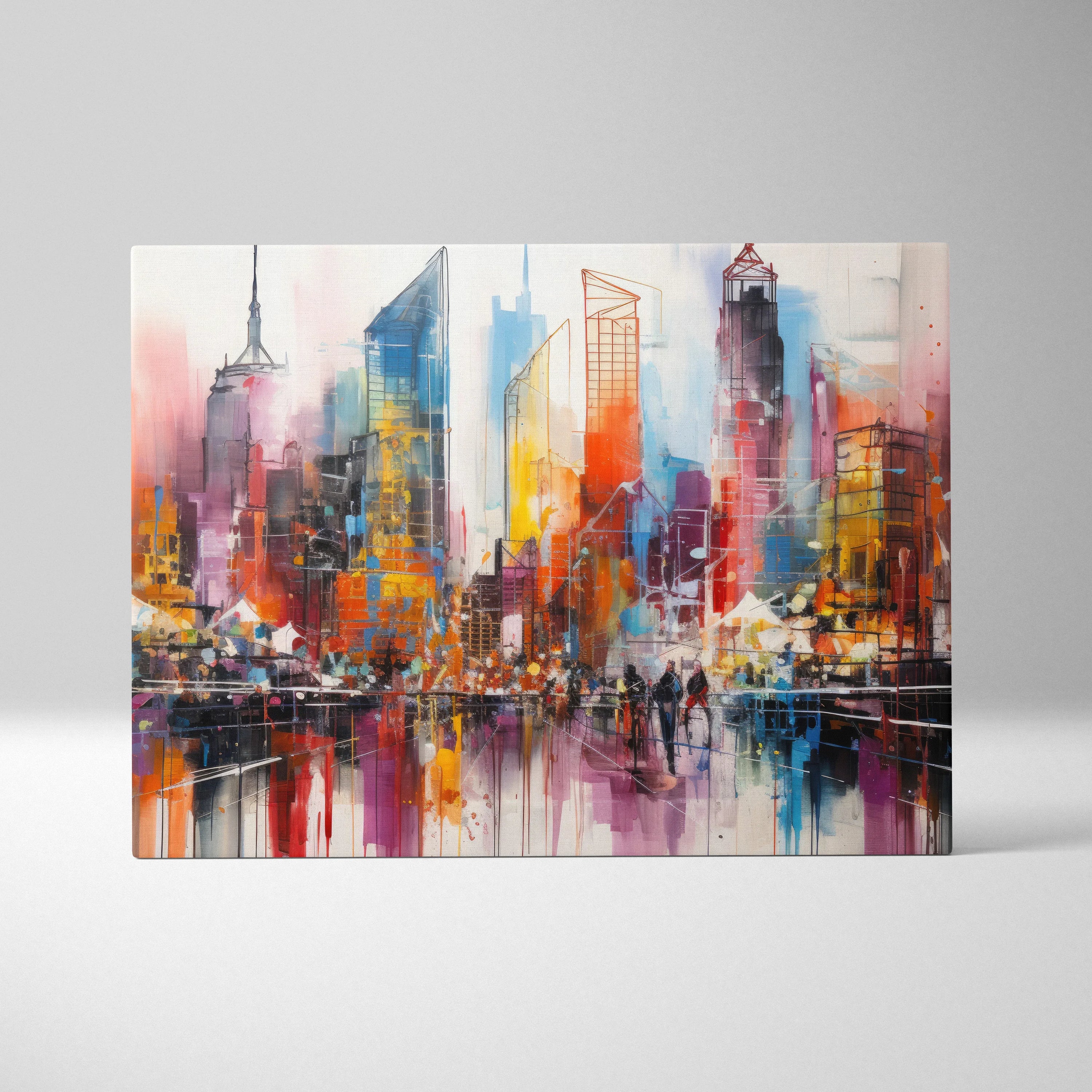 Abstract digital canvas art depicting New York City skyline with vibrant reds, blues, and yellows and reflective water.