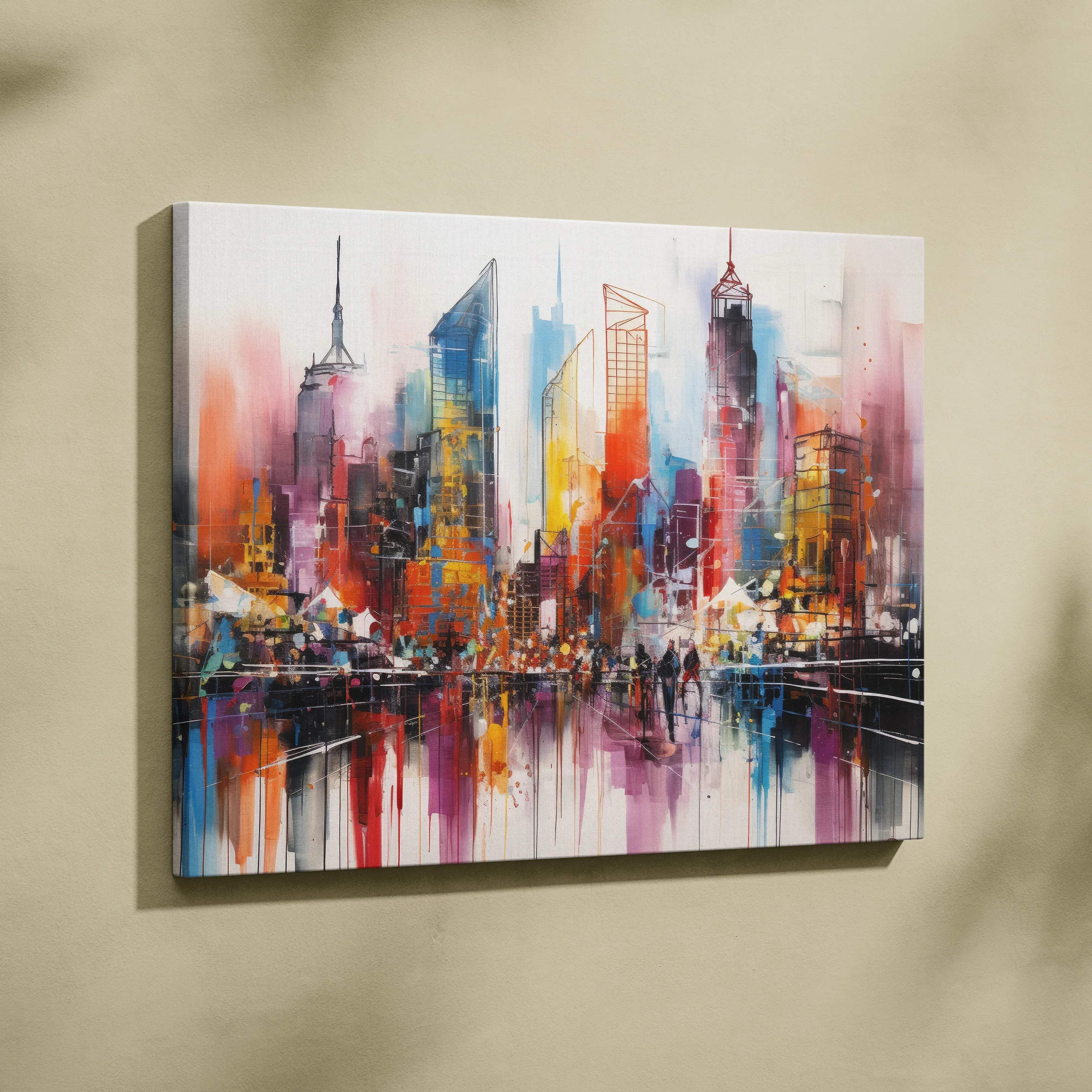 Vibrant abstract new york city skyline canvas wall art with bold blue orange and purple strokes on white background