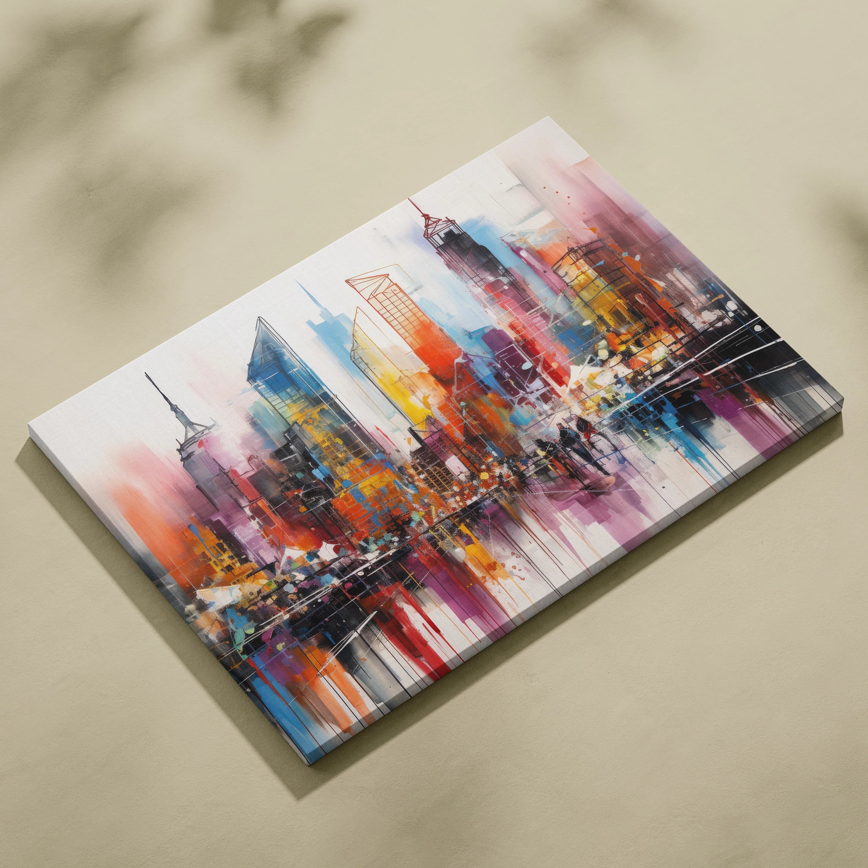 Abstract digital canvas art of New York City skyline with vibrant reds, blues, and yellows in bold brushstrokes.