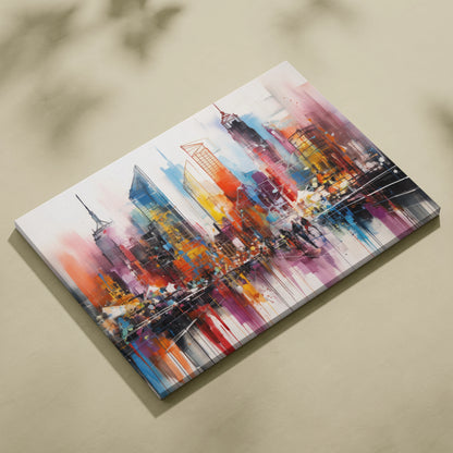 Abstract digital canvas art of New York City skyline with vibrant reds, blues, and yellows in bold brushstrokes.