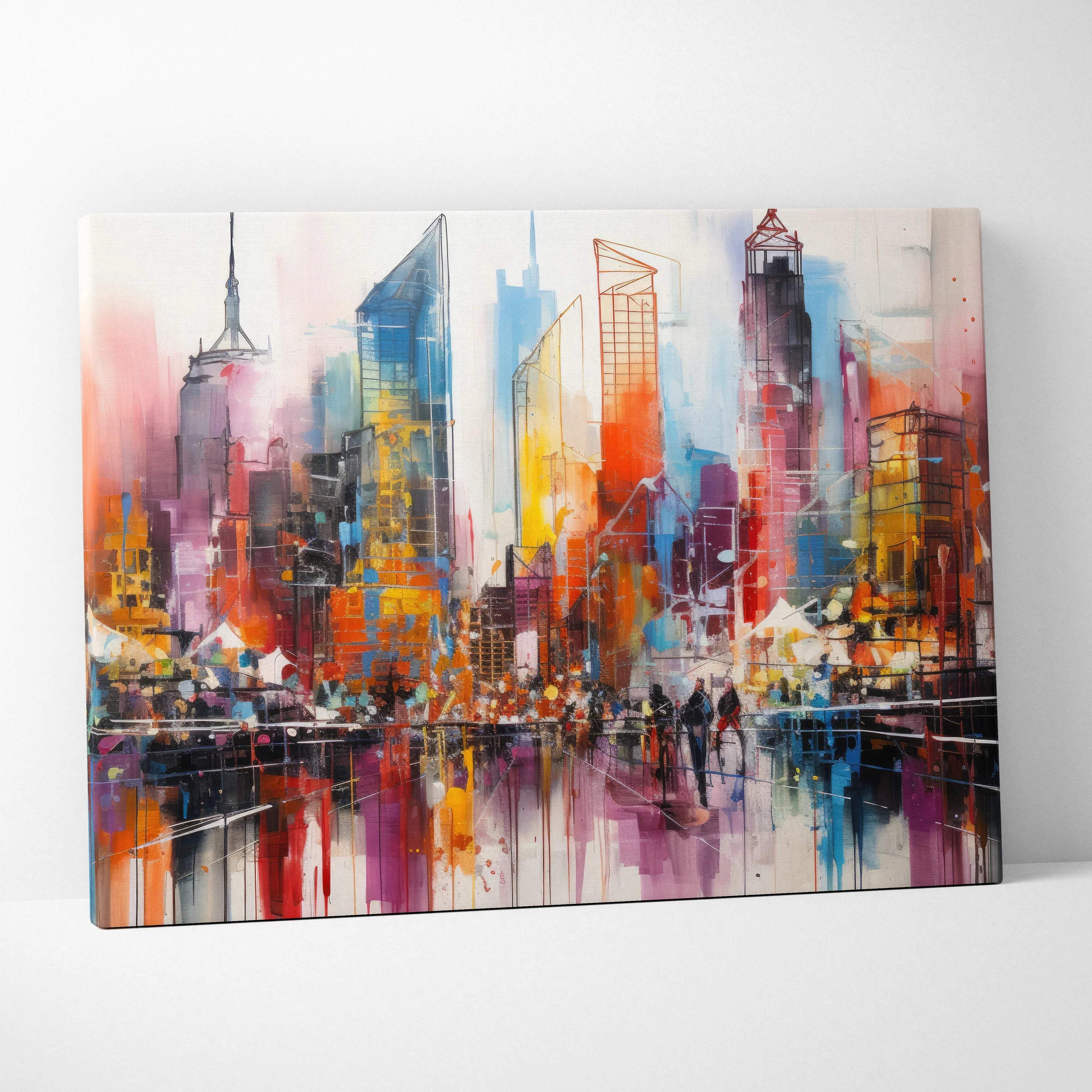 Vibrant abstract new york city skyline canvas wall art with bold blue orange and purple strokes and reflective watercolor effects