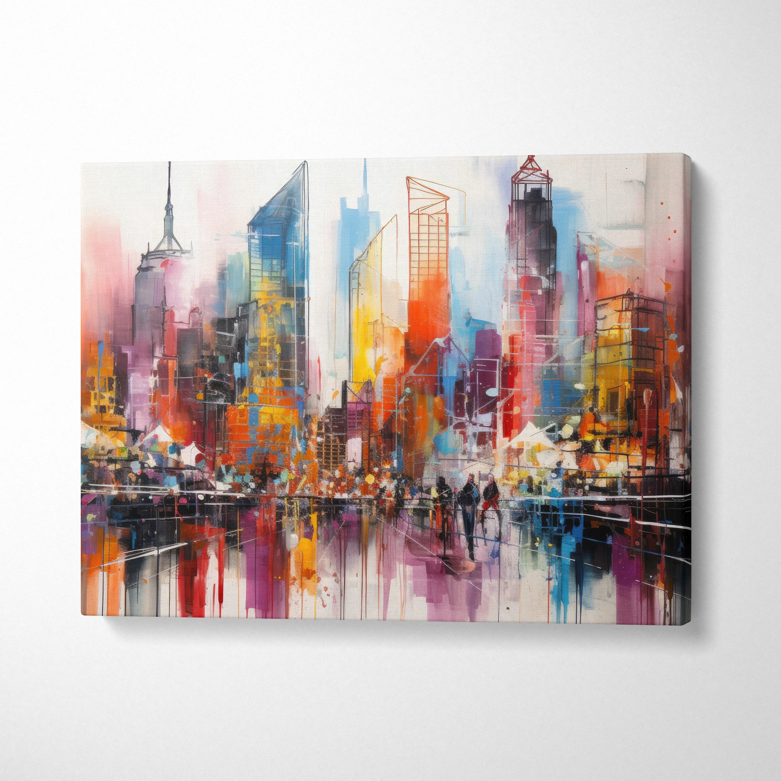 Abstract digital art canvas wall art of New York City skyline in vibrant colors with reflections.