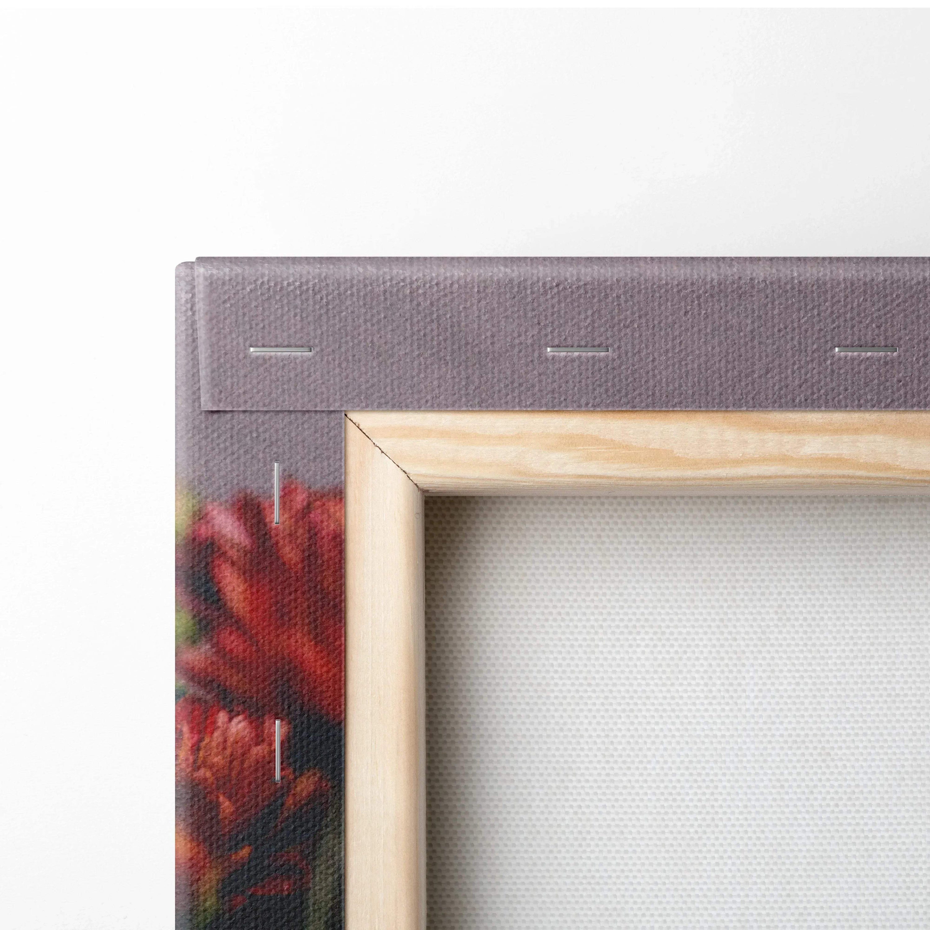 Close-up of wooden frame and canvas texture of cherry blossom wall art decor.