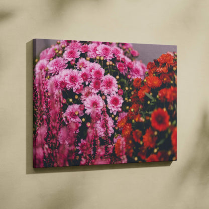 Cherry blossom canvas wall art with vibrant pink and red flowers, floral decor on horizontal canvas.