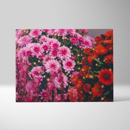 Cherry blossom and red flowers canvas wall art with vibrant pink and orange hues for home decor.