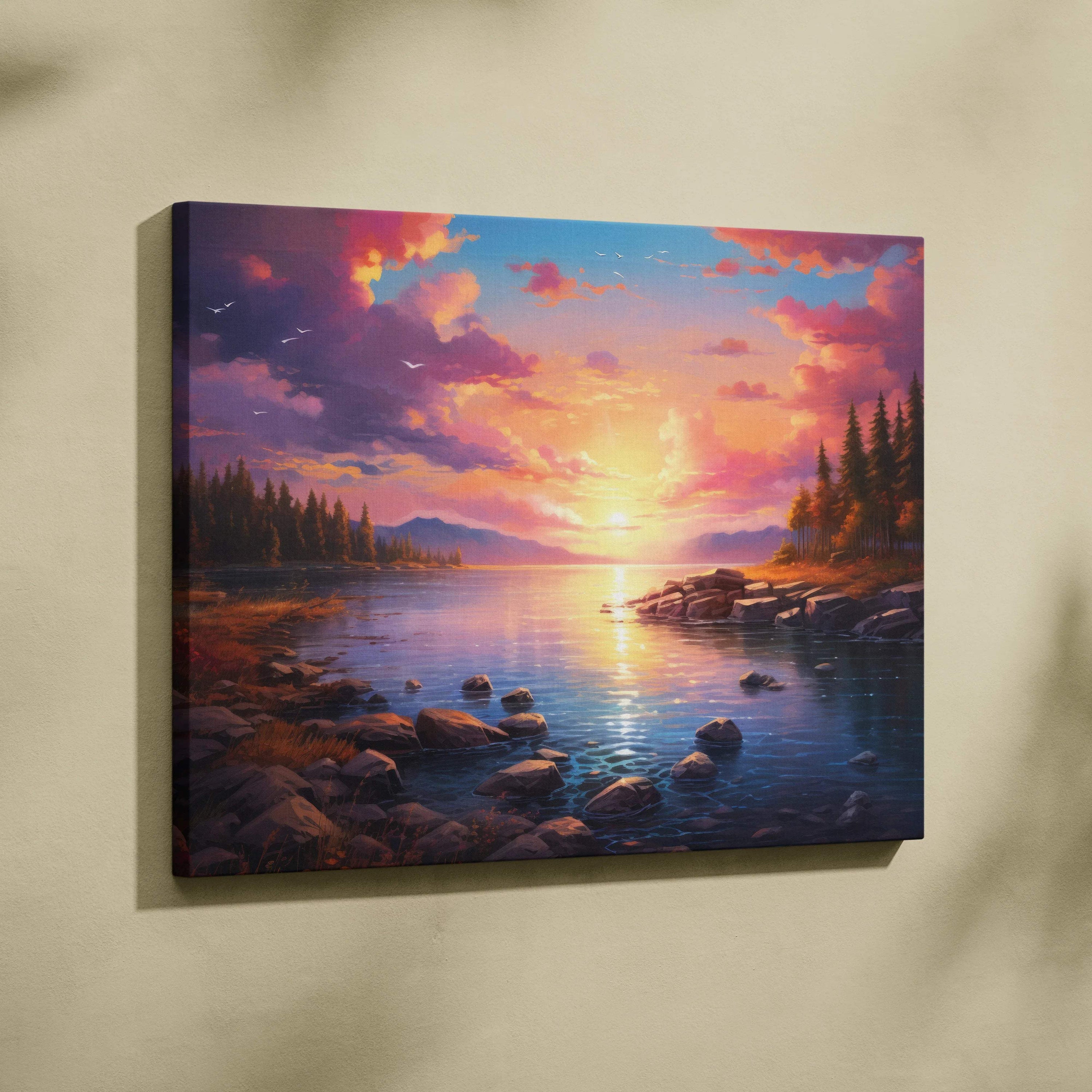 Serene lakeside sunset canvas art with rocks, pines, pink orange sky reflection