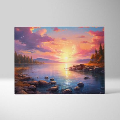 Vibrant sunset lakeside canvas art with warm orange pink skies on serene lake rocks pines