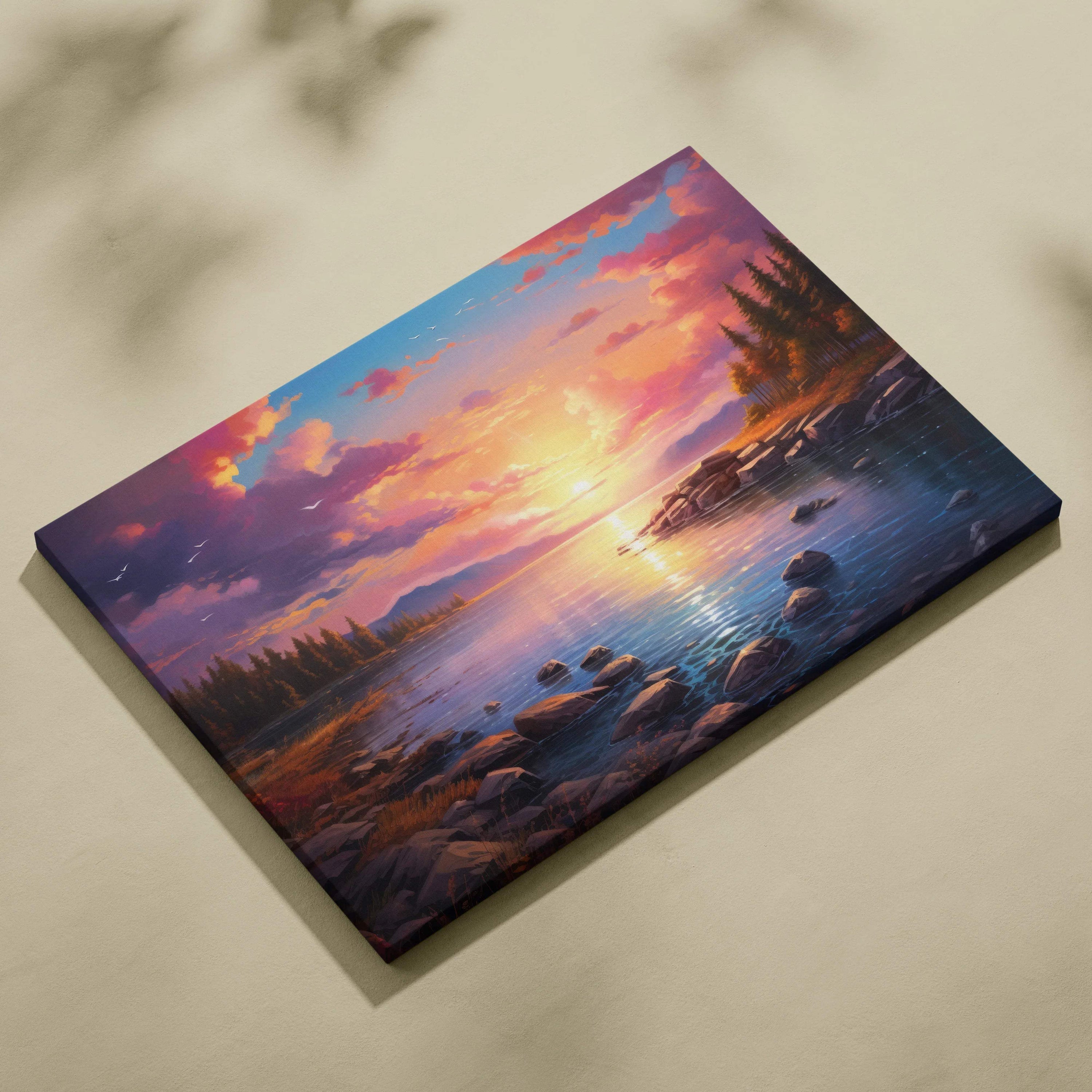 Serene sunset lakeside canvas art with glowing sun, pines, rocks