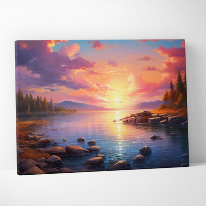 Serene lakeside sunset canvas art with warm orange pink skies rocks pines