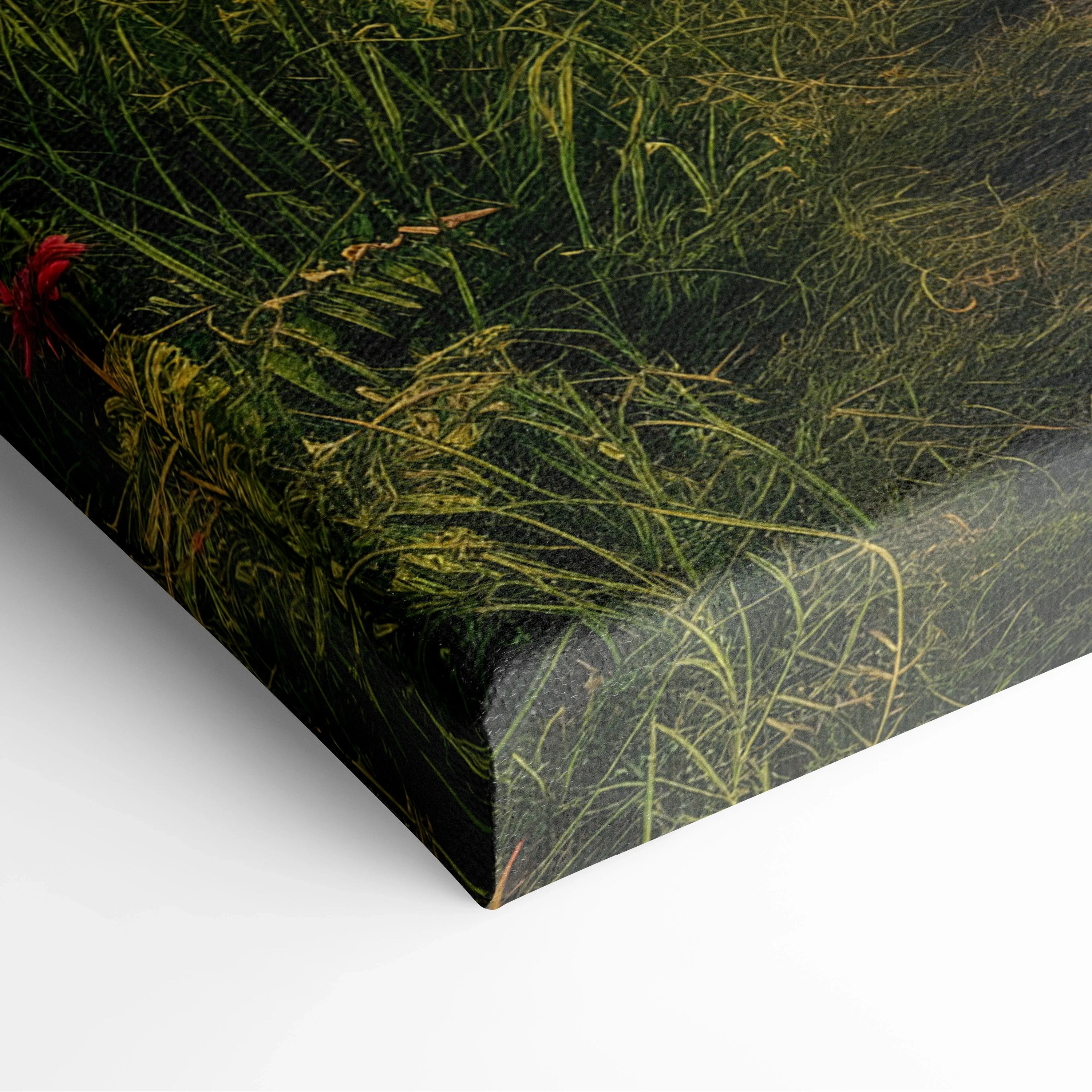 Canvas wall art featuring detailed close-up of lush green forest under soft sunset light with rich textures and natural.
