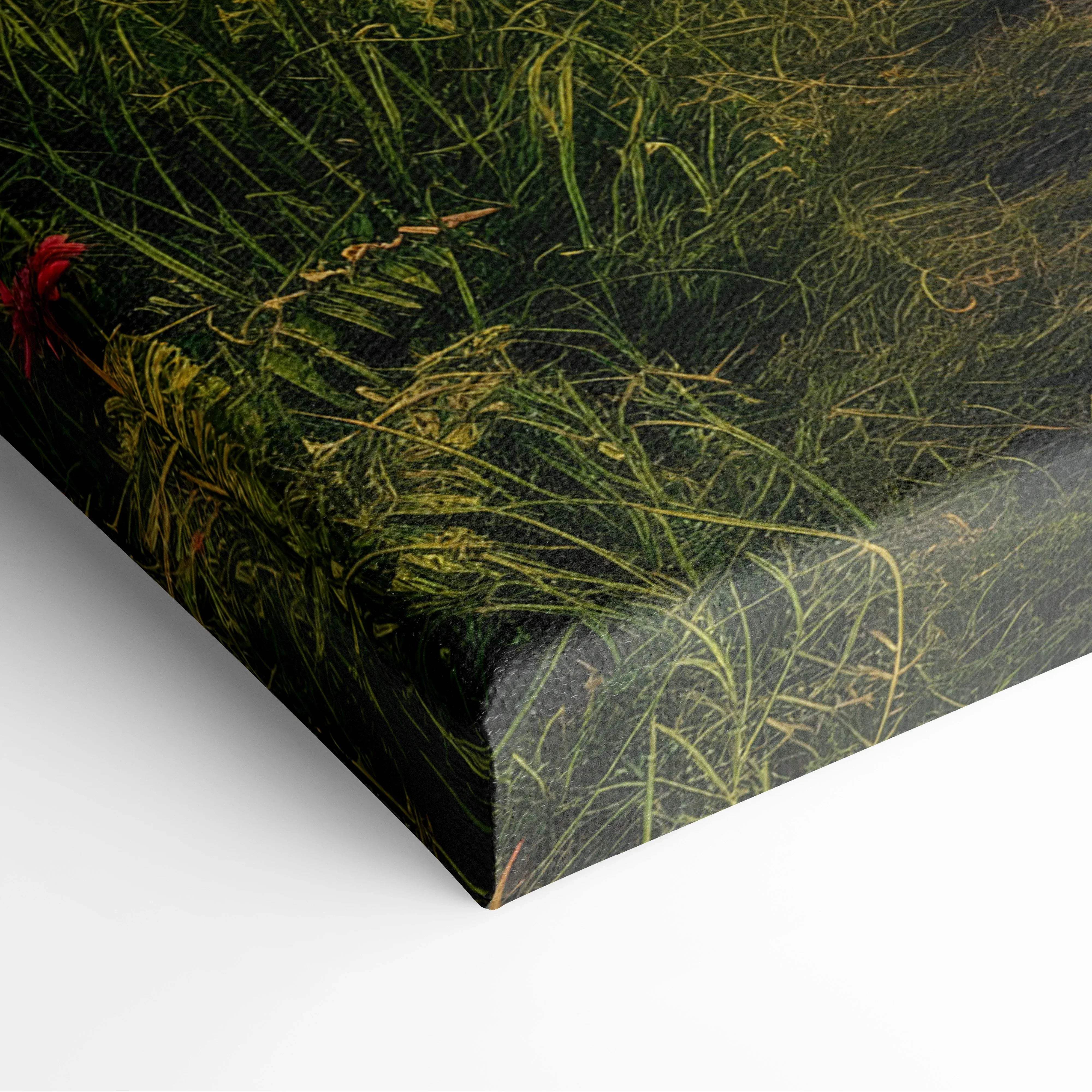 Canvas print featuring dense green grass with yellow highlights and a red flower for rustic cabin wall art decor