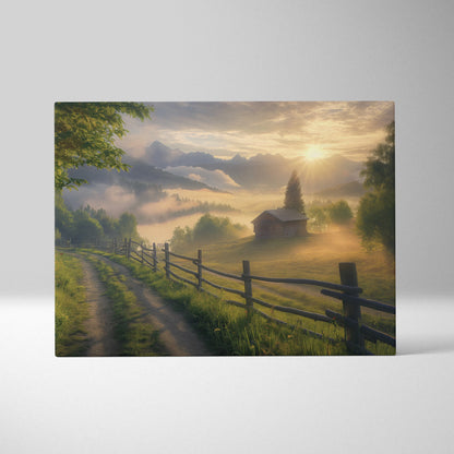 Canvas wall art depicting a misty forest path with rustic fence, glowing sunset, and towering mountains in warm tones.