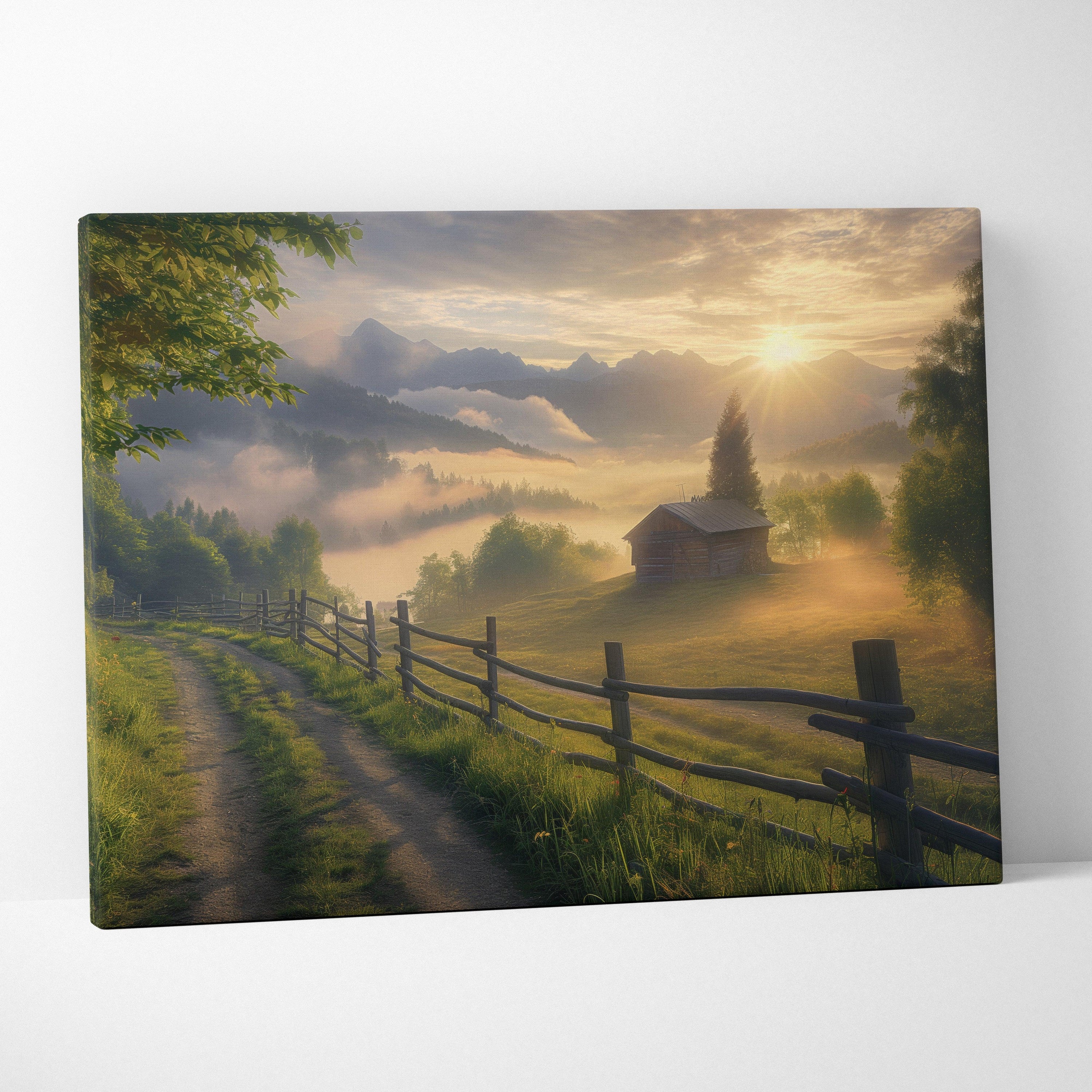 Canvas wall art featuring a serene forest sunset with misty mountains and a rustic cabin decor.