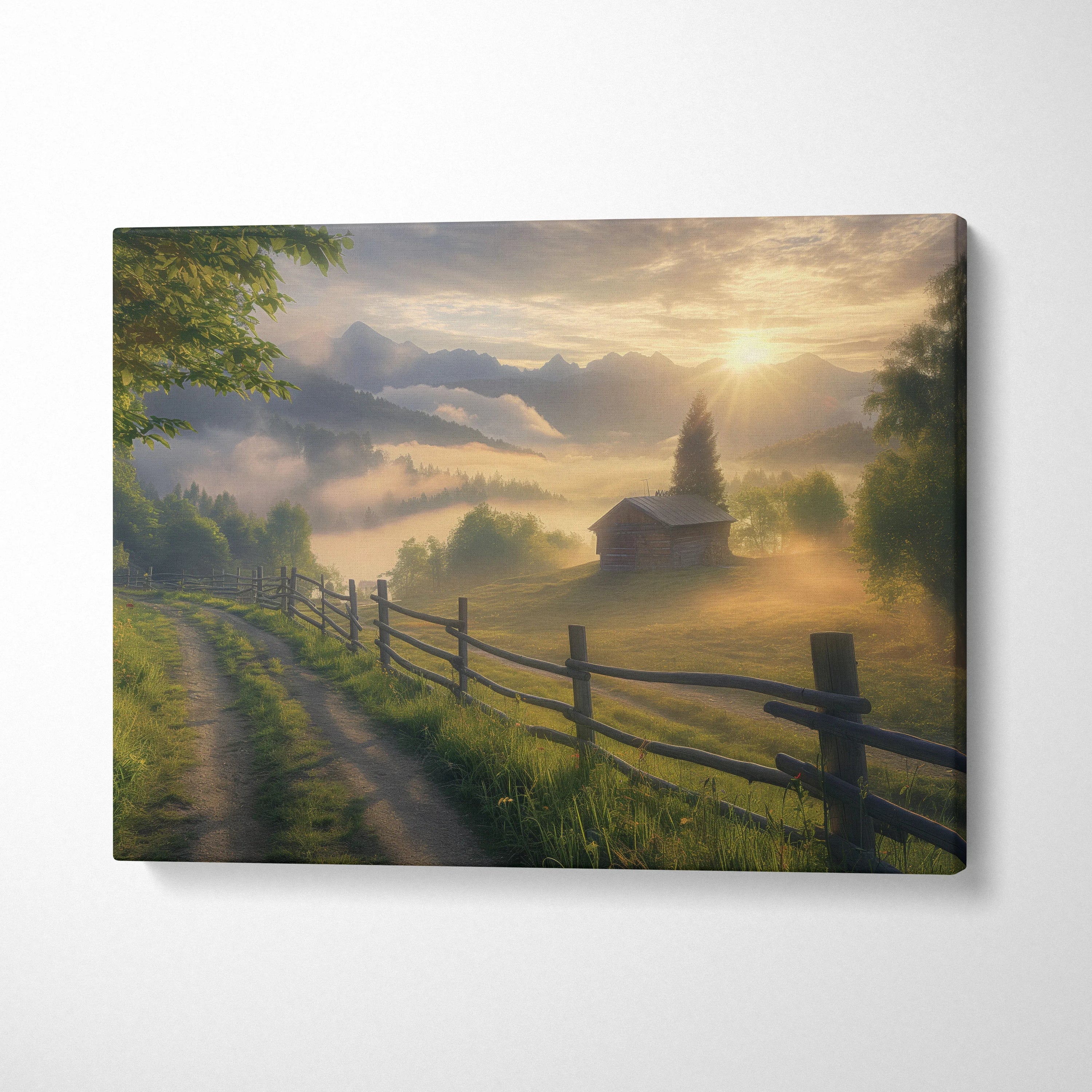 Serene forest sunset with misty mountains and a wooden cabin canvas wall art decor.