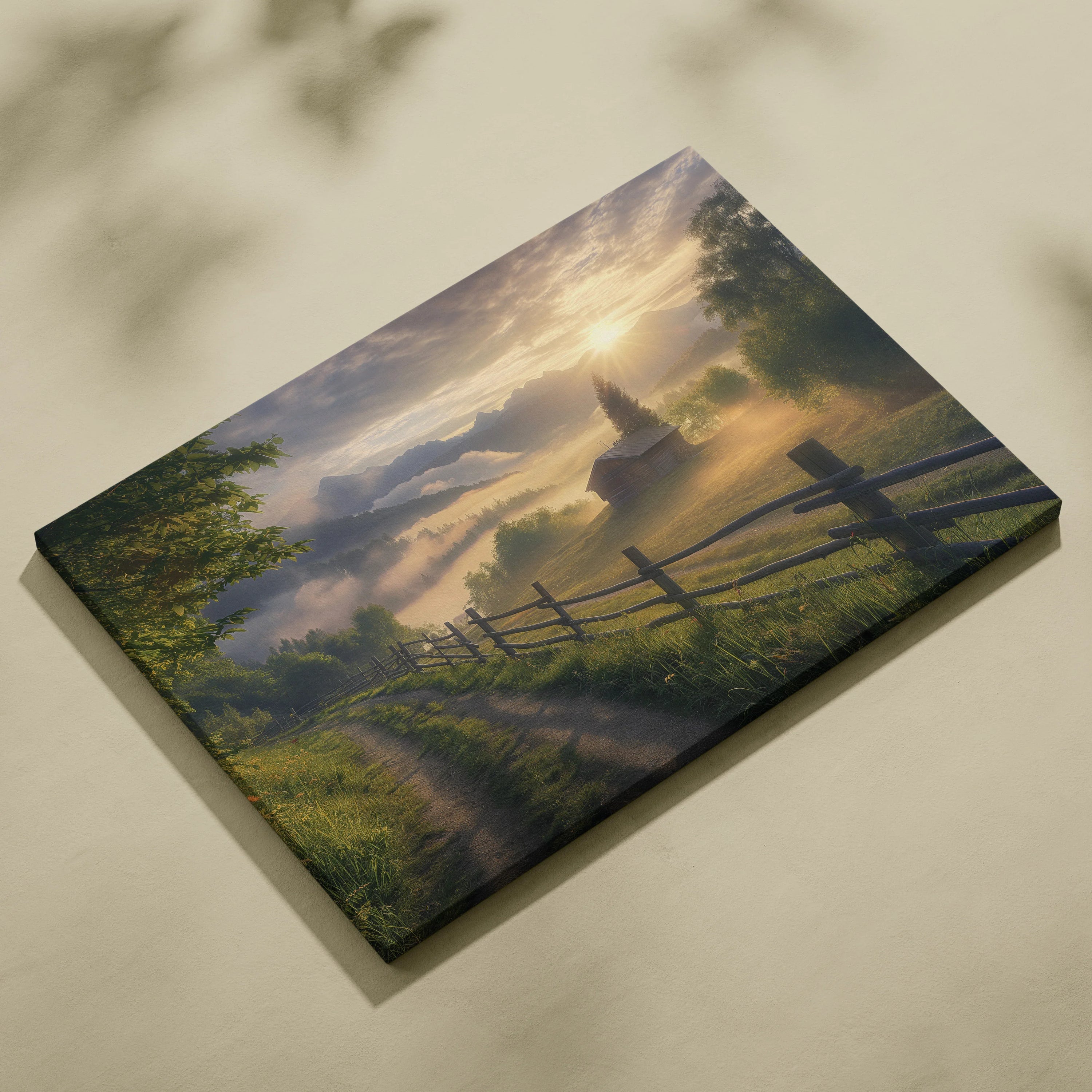 Canvas wall art featuring a tranquil forest path leading to mountains under a golden sunset sky.