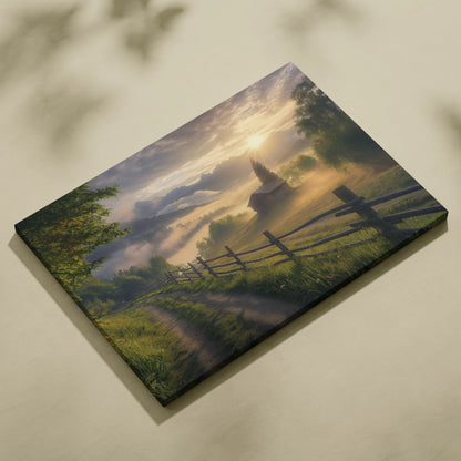 Canvas wall art featuring a tranquil forest path leading to mountains under a golden sunset sky.