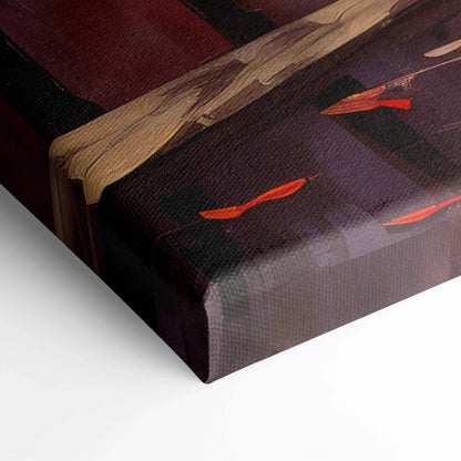 Close-up of vibrant autumn digital art canvas wall art with golden leaves and woodland details.