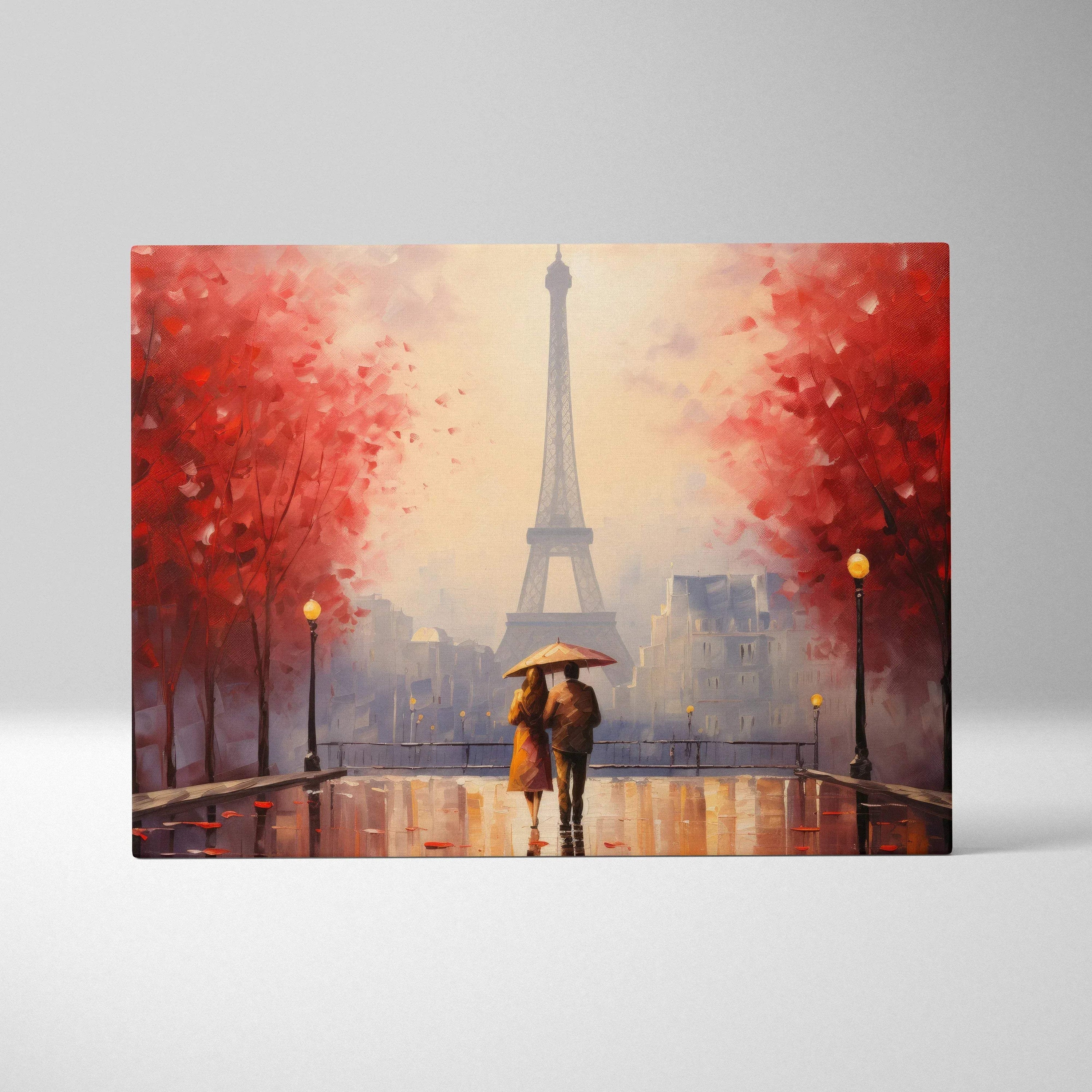 Canvas art of a couple with umbrella walking down an autumn path lined with red trees and street lamps, Eiffel Tower in.