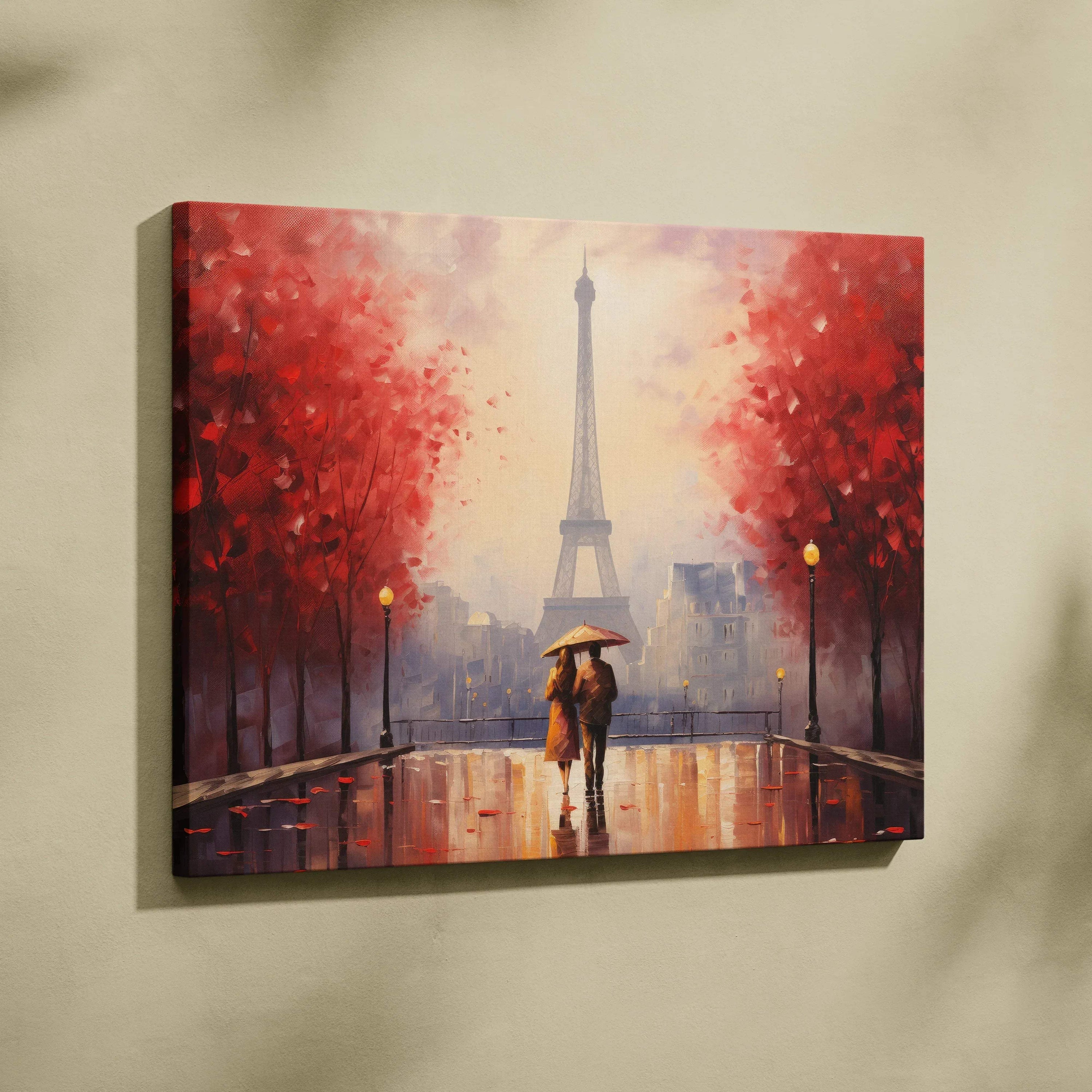 Canvas wall art featuring a couple with umbrella under vibrant red autumn trees near Eiffel Tower.