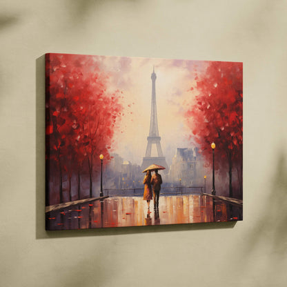 Canvas wall art featuring a couple with umbrella under vibrant red autumn trees near Eiffel Tower.