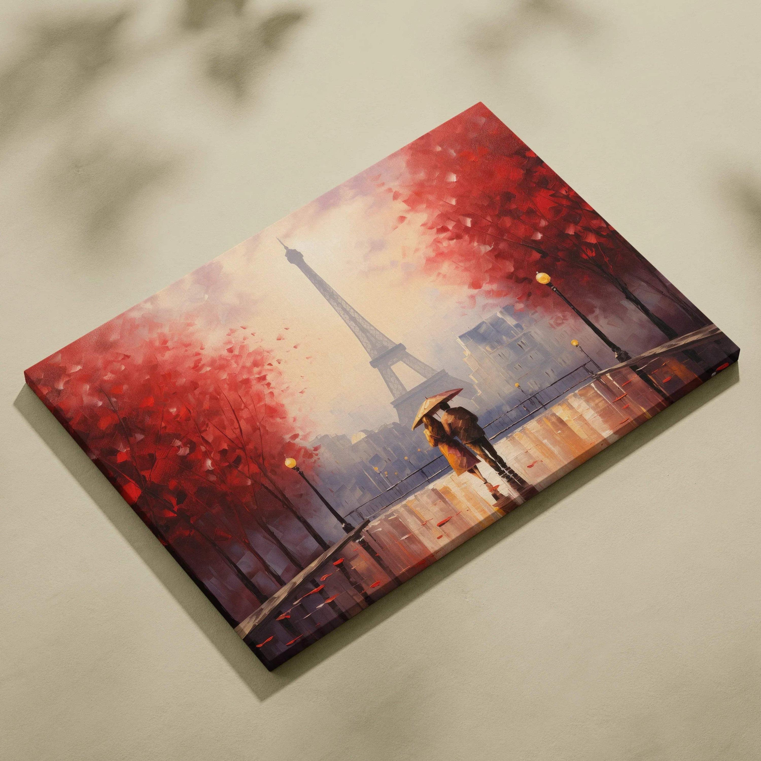Autumn-themed canvas art with couple under umbrella near Eiffel Tower, vibrant red trees, golden light street lamps wall art.