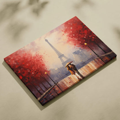 Autumn-themed canvas art with couple under umbrella near Eiffel Tower, vibrant red trees, golden light street lamps wall art.