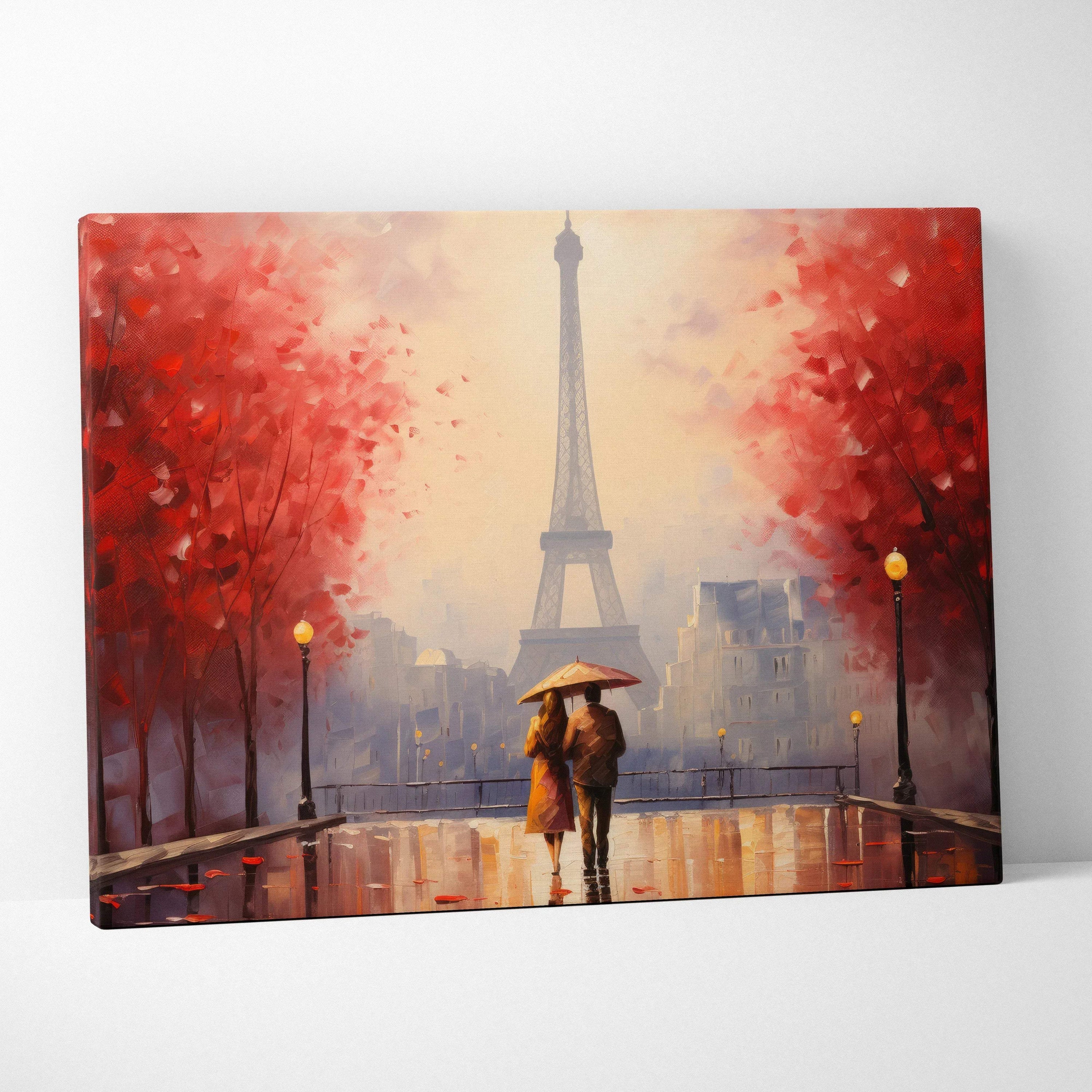 Autumn canvas wall art with golden red trees and couple under umbrella near Eiffel Tower.