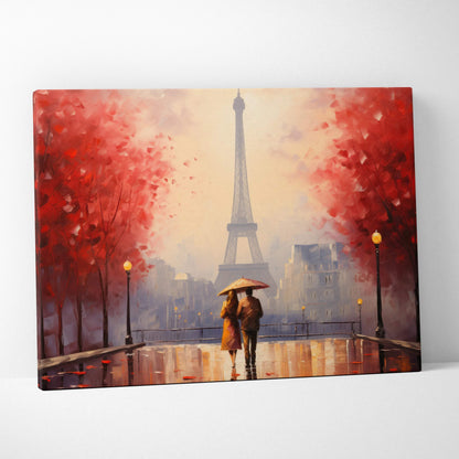 Autumn canvas wall art with golden red trees and couple under umbrella near Eiffel Tower.